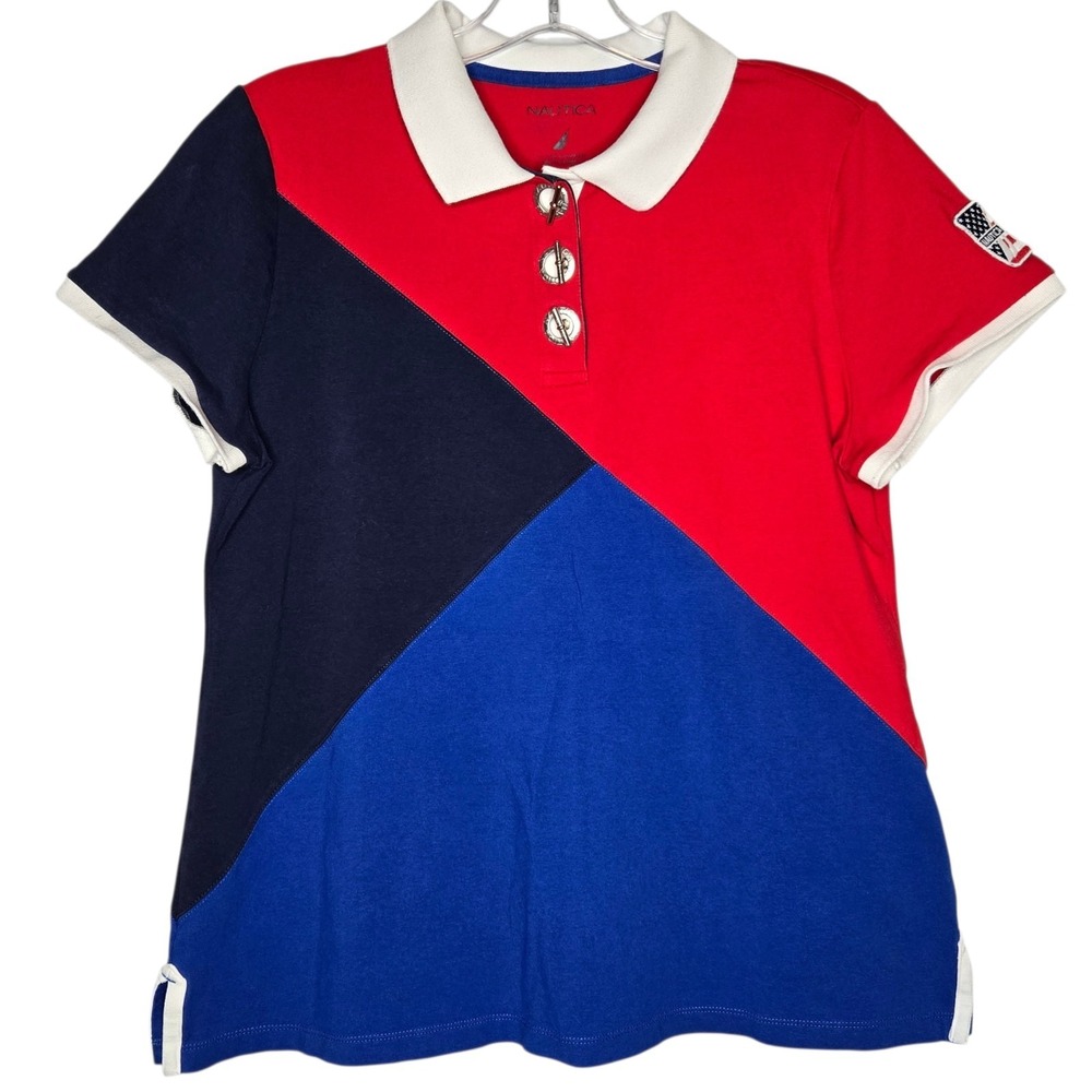 Nautica‎ Polo Shirt Womens XL  Colorblock Red White Blue Toggle Button Nautical